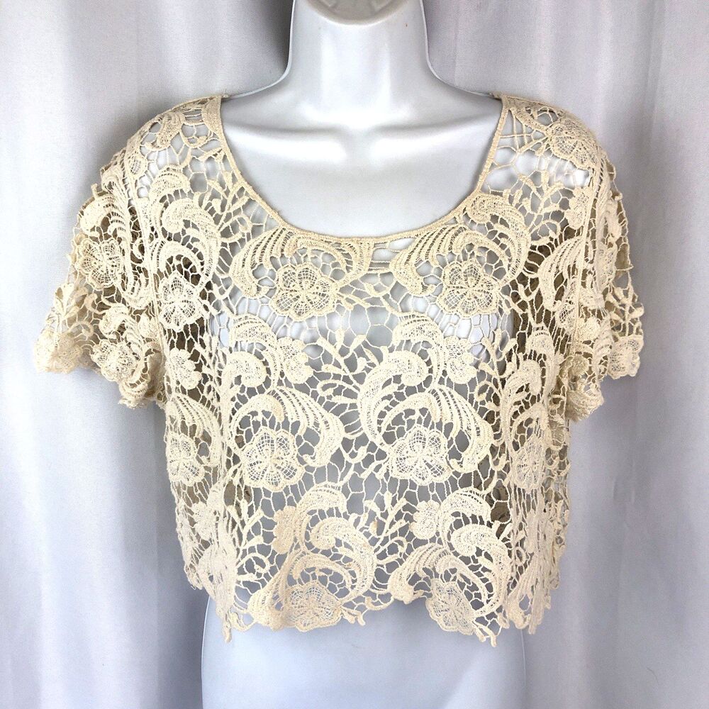 Y2K Crochet Crop Top Ivory Sheer Hippie Festival Forever 21 Size Large Women's L